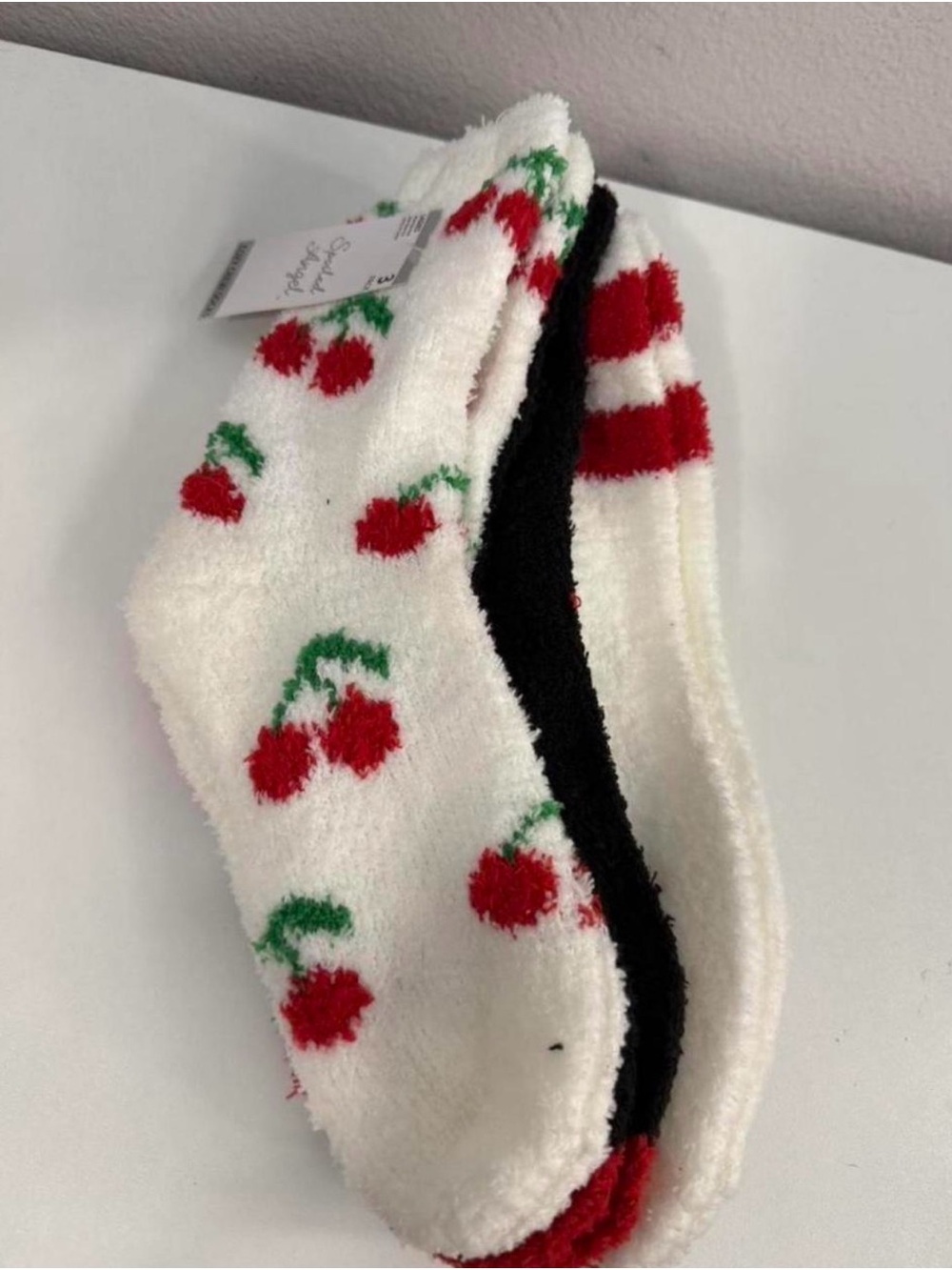 Cherry Print fluffy Socks - White & Red